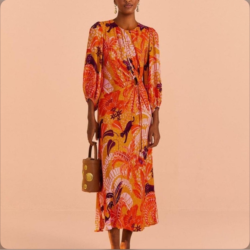 Farm Rio Puff-Sleeve Cutout Slip Dress Orange Pink